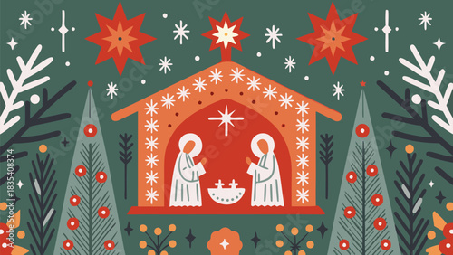 Charming folk art nativity scene with star and festive winter foliage perfect for holiday greetings