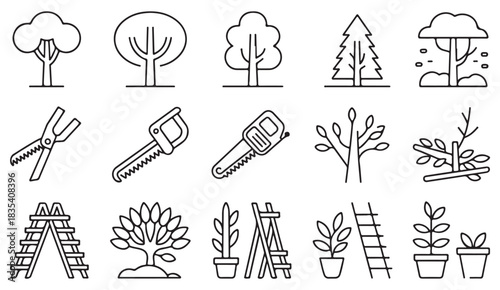 Thin-line gardening icon set featuring trimming tools, saplings, foliage, and plant maintenance graphics.