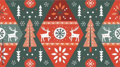 Vibrant Nordic holiday pattern featuring reindeer trees and snowflakes for festive design projects