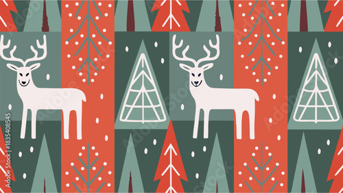 Charming winter forest pattern featuring joyful white reindeer and stylized evergreen trees