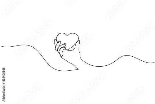 One line art drawing of a hand holding a heart, love and care