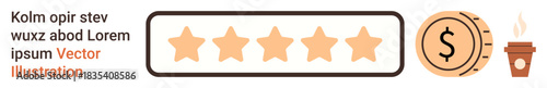 Customer feedback, online reviews, e-commerce ratings, business evaluation, financial rewards, user experience. A five-star rating bar with a dollar coin and coffee cup. Customer feedback and online