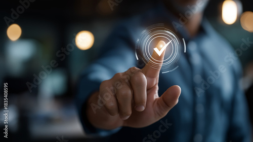 Tapety artystyczne Businessman using digital system for document approval validation with quality assurance checklist compliance process efficiency performance tracking work standardization