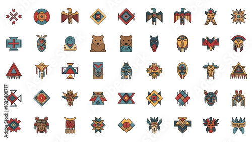 Collection of Native American Symbols and Icons representing diverse cultures, arts and