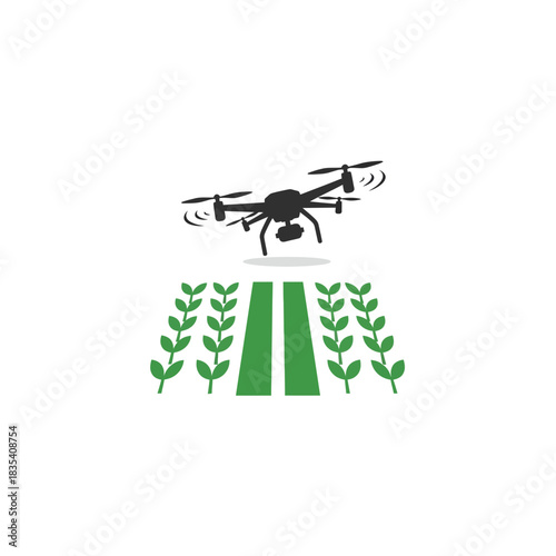 Drone flying over green agricultural field with crop rows