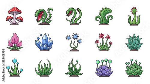 Collection of Cartoon Fantasy Plants and Magical Flora Illustrations Set on White Background
