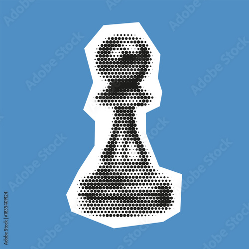 Halftone chess pawn on bold blue background with jagged white outline, blending retro style and modern pop art.