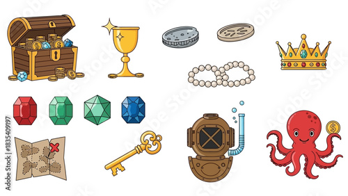 A Collection of Cartoon Treasure Icons Depicting Wealth, Exploration and Marine Life