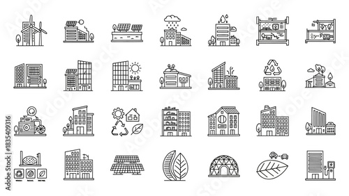 Modern sustainable city buildings collection icons for urban development and planning