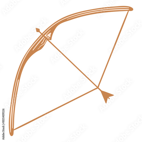 Brown archery bow and arrow pointing up