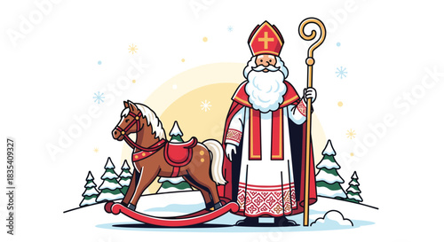 Festive Sinterklaas illustration with a rocking horse in a winter wonderland, perfect for holiday cards and promotional content this season