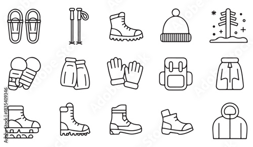 Thin-line icons of alpine trekking gear including snowshoes, poles, gloves, and insulated outdoor wear.
