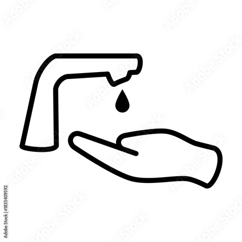 Simple line icon of a hand under a water tap with a droplet, symbolizing hand wash, hygiene, sanitation, and clean water.
