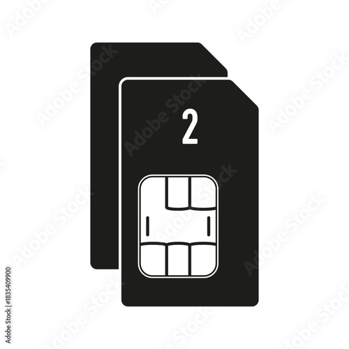 Dual SIM card icon with overlapping black chips, symbolizing mobile devices with two network capabilities.
