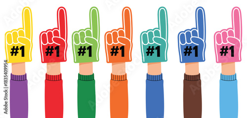 Fan Foam Fingers Hands Up Illustration Featuring Number One Gestures in Vibrant Colors Presented as Bold Vector Elements for Cheering, Team Spirit, Victory Celebration, and Sports Graphics Projects