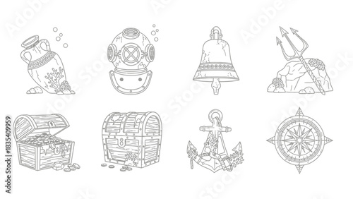 Hand drawn nautical elements underwater treasures concept illustrations design set