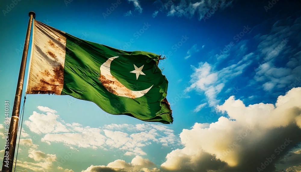 Naklejka premium 破けて朽ちた古いパキスタンの国旗。(an old and torn Pakistan flag.) 