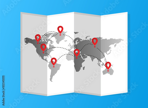 Global map with red location pins and dashed travel routes, symbolizing international connection and worldwide networking.