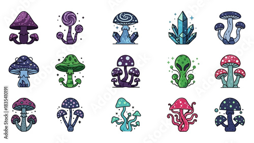 Collection of Fantasy Mushrooms and Magical Elements for Creative Designs and Illustrations