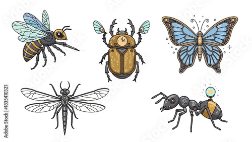 Steampunk insect collection with bee, beetle, butterfly, dragonfly and ant illustrations