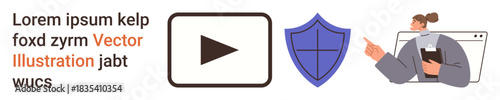 Online learning, cybersecurity, content creation, digital media, communication, e-learning. Play button, shield and person with a tablet. Online learning and cybersecurity concept