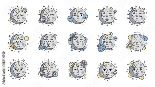 Collection of whimsical crescent moon characters with human faces and decorative elements