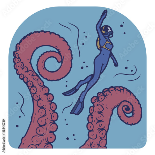 Scuba diver escaping big tentacles