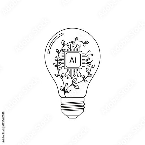 Artificial intelligence chip integrated into a lightbulb with growing plants symbolizing new ideas and technological growth