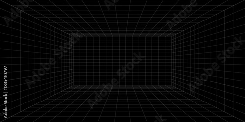 Fototapeta Naklejka Na Ścianę i Meble -  Abstract 3d perspective indoor wireframe vector design. Vector illustration. wireframe grid. perspective grid room on black background
