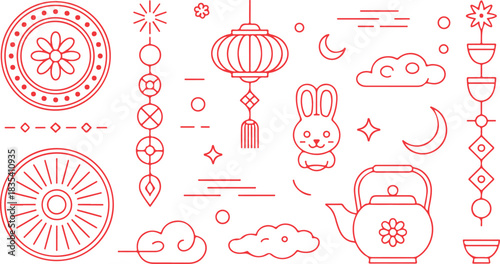 Red line art elements of Asian motifs feature rabbit, lantern, and teacup on white