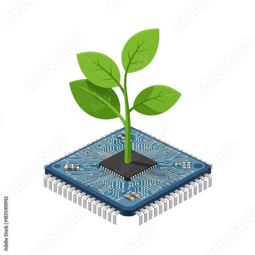 A young green plant sprouts from a detailed computer circuit board symbolizing technological advancement and nature's integration