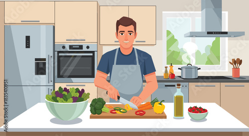 Happy smiling man preparing fresh vibrant vegetables for a healthy dinner in a bright modern kitchen