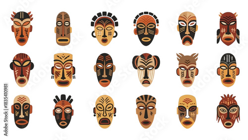 Diverse collection of stylized african masks, vector illustration of cultural heritage
