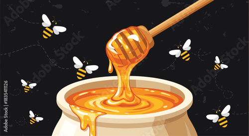 Sweet golden honey dripping from dipper surrounded by busy cartoon bees against a dark background
