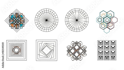 Collection of abstract geometric patterns and designs on a white background displaying technical