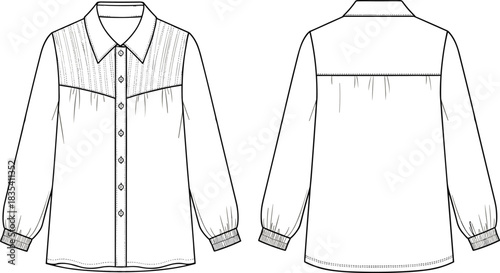 Technical Drawing of a Women's Cropped Hoodie Sweatshirt Vector Illustration, Front and Back Flat Sketch with Dropped Puff Sleeves for Fashion Apparel Design and Production,