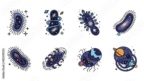 Whimsical cosmic organisms set with galaxies stars and planets for creative projects