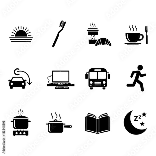 Diverse collection of vector icons depicting essential daily routines, activities, and lifestyle elements, perfect for illustrating morning to evening schedules