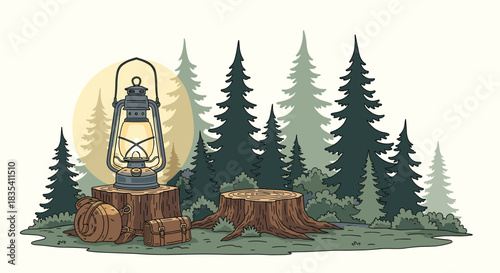 Vintage glowing kerosene lantern illuminates cozy campsite gear next to deep forest silhouettes