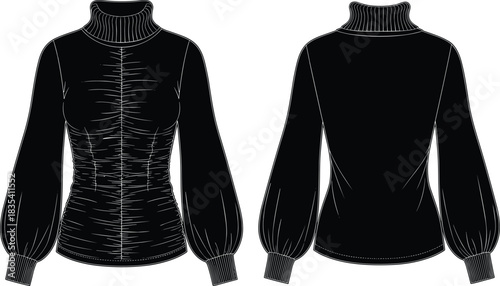 Technical Drawing of a Women's Cropped Hoodie Sweatshirt Vector Illustration, Front and Back Flat Sketch with Dropped Puff Sleeves for Fashion Apparel Design and Production,