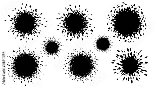 Abstract black ink splatters on white background offer a dynamic visual resource for designers