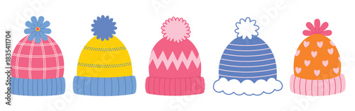 Set of winter hats, including flat-style vector clip art of beanies, knitted caps, and earflap hats, isolated on white background for winter fashion and design