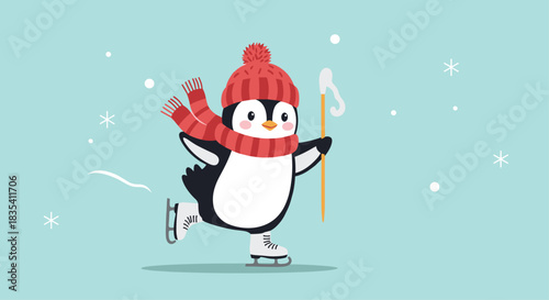 Adorable cartoon penguin happily ice skating while wearing a cozy red knit hat and scarf during winter
