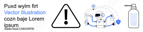 Safety, automation, digital healthcare, hygiene, alertness, modern technology. Warning sign, robot handling tasks hand sanitizer bottle. Safety and automation in modern settings concept