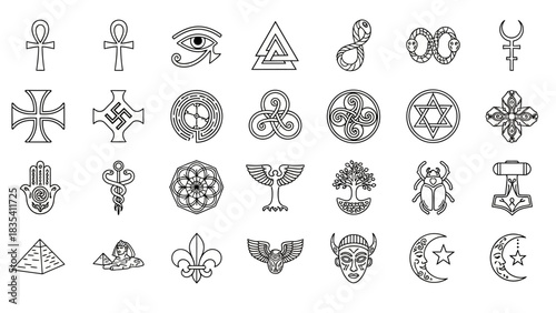 Diverse collection of symbolic drawings representing various cultures and beliefs