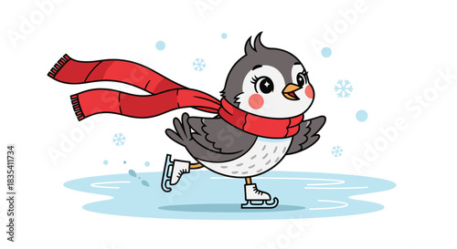 Adorable cartoon bird happily ice skating outdoors wearing a bright red winter scarf