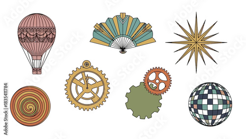 Steampunk themed vector graphic with hot air balloon, fan, star, gears and disco ball elements