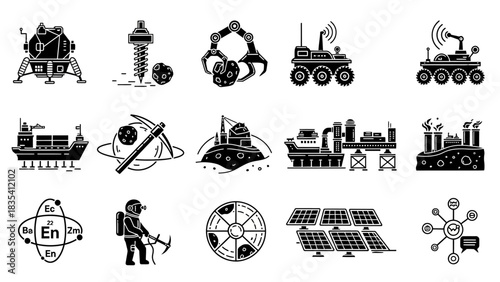 Icon set illustrating space exploration, resource extraction, and technological advancements