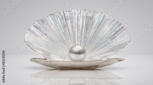 Lustrous Pearl in Open Seashell on White Background Minimal Luxury Still Life