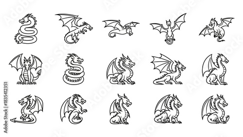 Collection of outlined drawings showcasing various dragon poses and wing designs in black and white